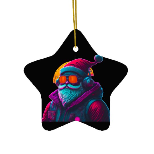Retro Cool Santa Claus with Headphones Neon Colors Ceramic Ornaments