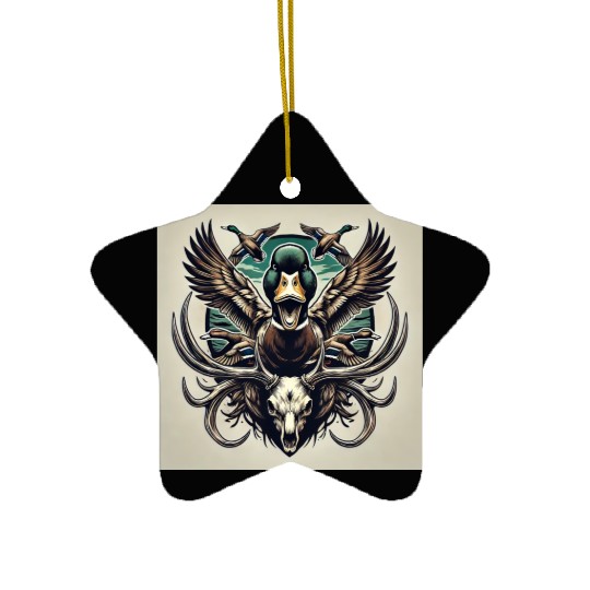 Mallard duck flying over deer skull in marsh Ceramic Ornaments