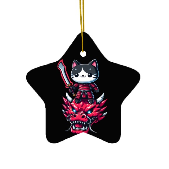 Samurai Cat with Sword on Dragon in Epic 3D Effect Ceramic Ornaments