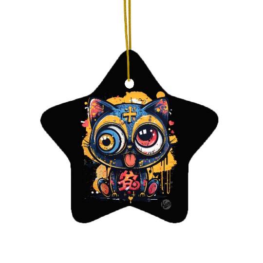 Psycho Lucky Cat – Glitch Meow Madness Ceramic Ornaments