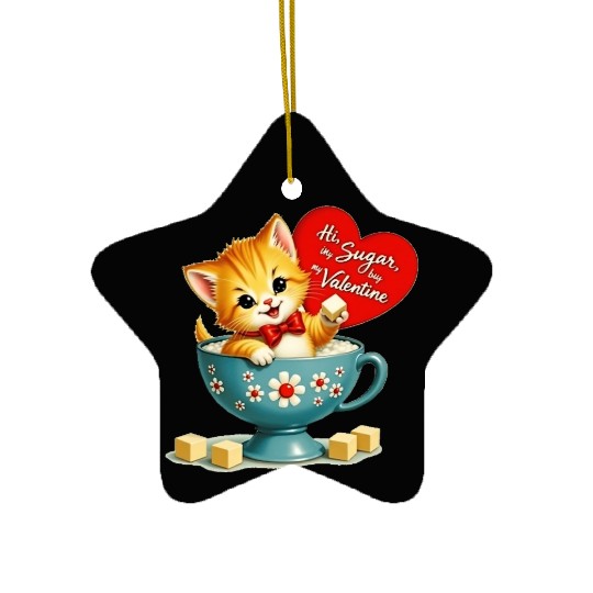 Hi Sugar Vintage Kitten Valentine s Day Card Ceramic Ornaments