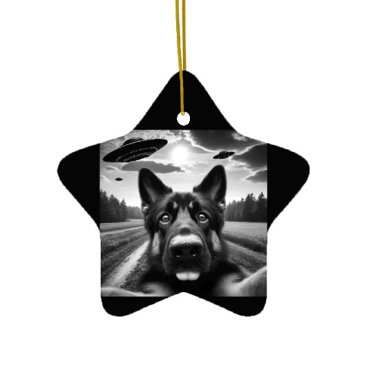 German2 Shepherd Funny GSP Selfie with UFOs Weird Ceramic Ornaments