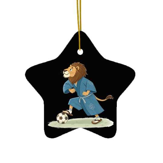 Lion playing soccer in karate kimono Ceramic Ornaments