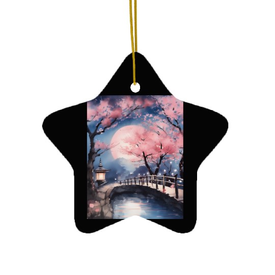 Watercolor cherry blossom festival full moon Ceramic Ornaments