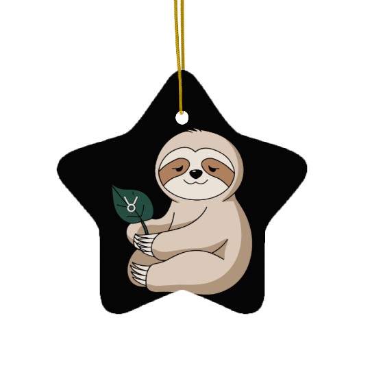 Taurus Zodiac Sloth Holding Leaf Ceramic Ornaments