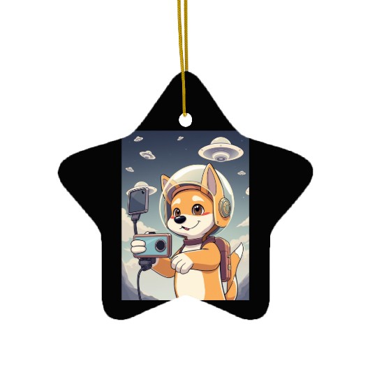 Funny Dog Rescue Anime Selfie with UFOs Weird Ceramic Ornaments