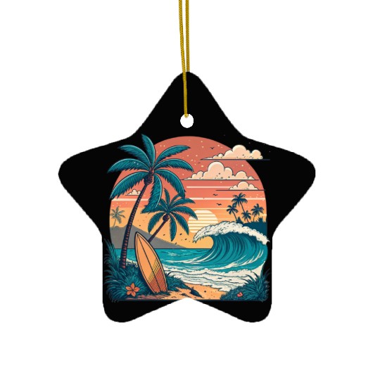 Tropical Paradise Sunset Surfing and Palm Trees Ceramic Ornaments