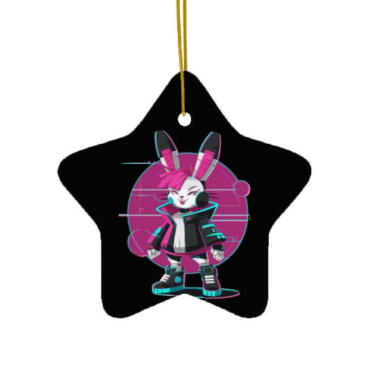 Cyber Bunny with Futuristic Style and Neon Colors Ceramic Ornaments