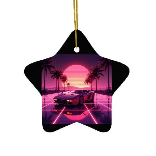 Retro Wave Supercar – 80s Synth Sunset Design Ceramic Ornaments