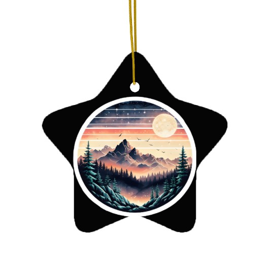 Retro 80s Gradient Sunset Mountain Sticker. Ceramic Ornaments