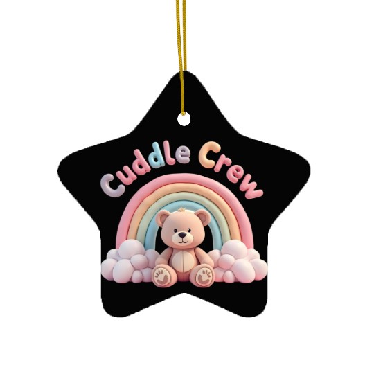 Soft teddy bear sitting under a rainbow Ceramic Ornaments