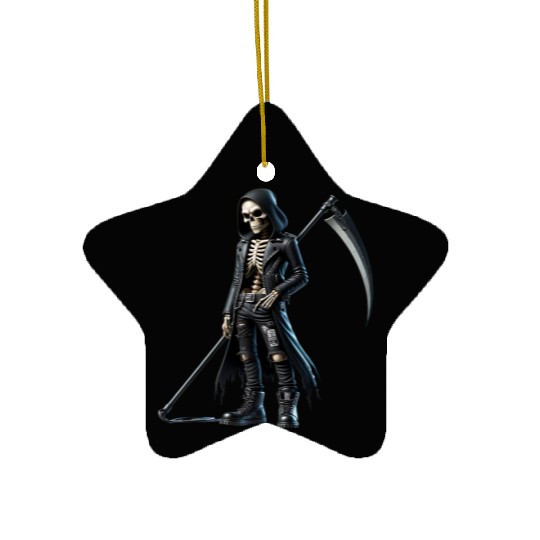 Dark Skeleton Warrior with Scythe and Hooded Jacke Ceramic Ornaments