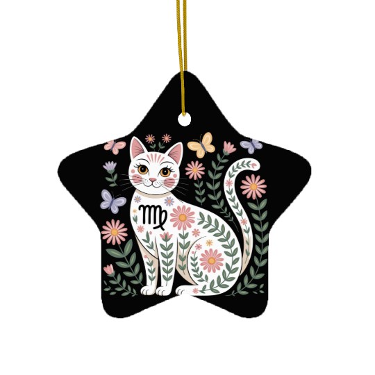 Virgo Zodiac Cat with Daisies Ceramic Ornaments