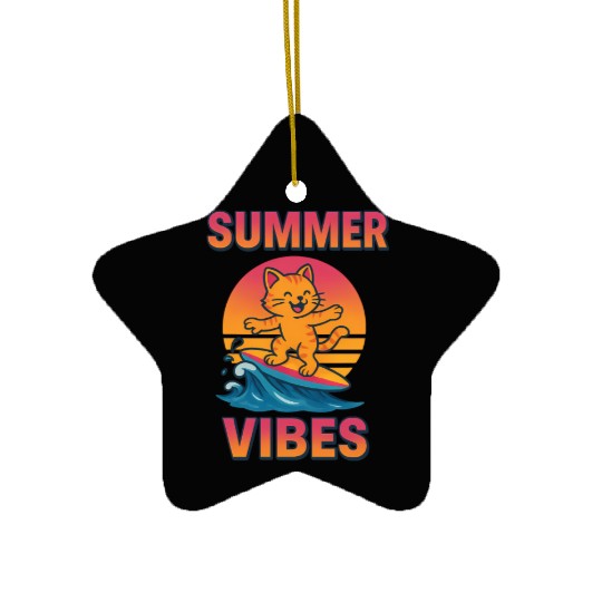 Summer Vibes Cat Surfing Sunset Ceramic Ornaments