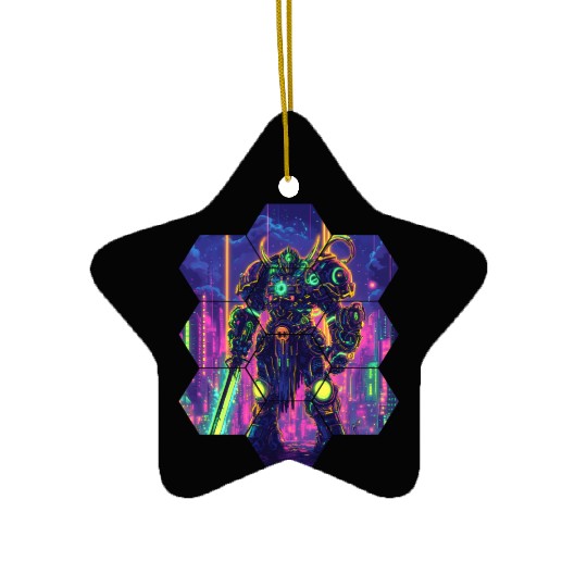 Bright Sci Fi Warrior In Neon Colors Ceramic Ornaments