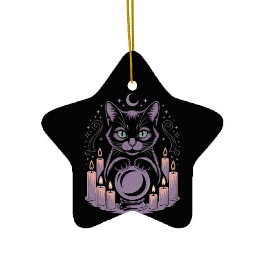 Witchy Cat with Crystal Ball and Candles Ceramic Ornaments