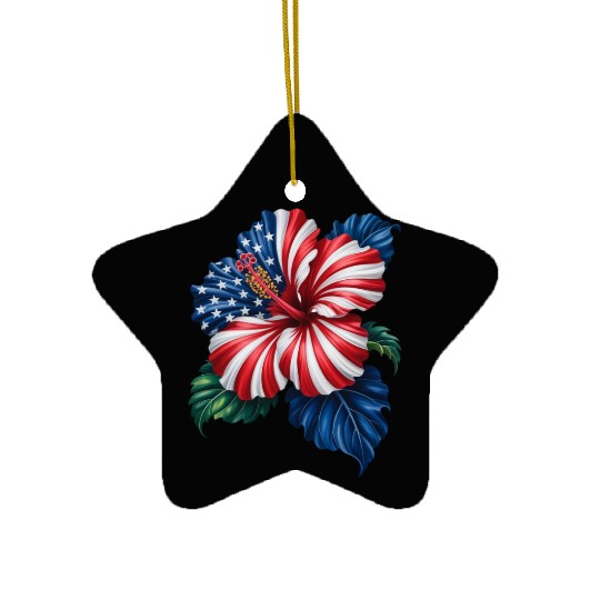 Hibiscus Flower Patriotic American Flag 4th Ceramic Ornaments