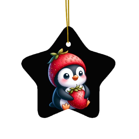 Cute penguin with strawberry cartoon summer fun Ceramic Ornaments