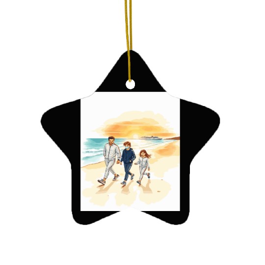 family walking along the beach. Ceramic Ornaments