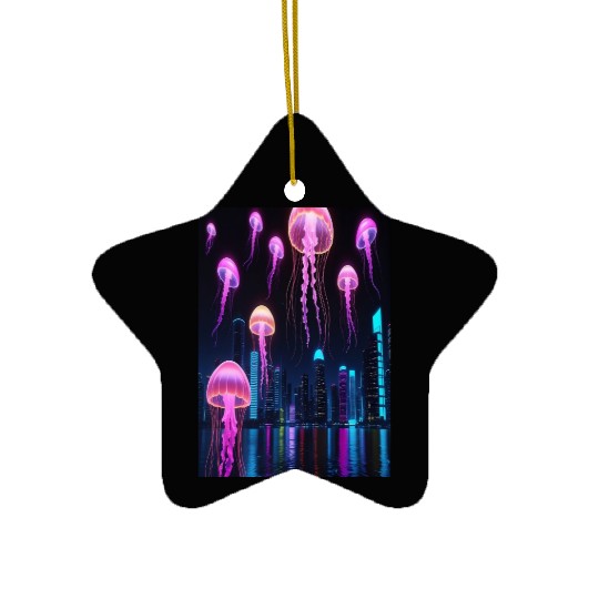 Neon Jellyfish Over Cyber City Ceramic Ornaments