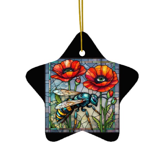 Wasp hornet bee stained glass vibrant poppy flower Ceramic Ornaments