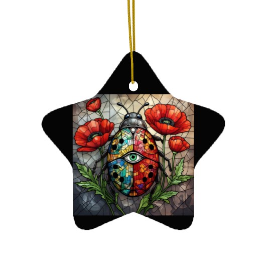 Ladybug stained glass vibrant poppy flower insect Ceramic Ornaments