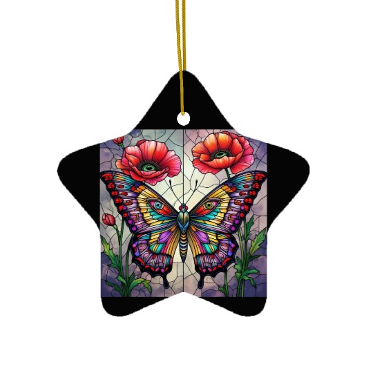 Butterfly stained glass design vibrant poppy Ceramic Ornaments