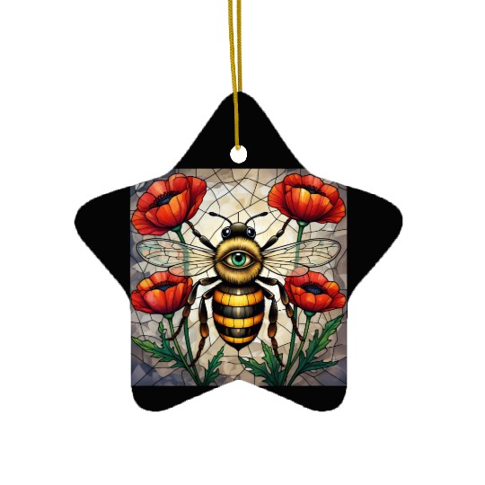 Bumble bee stained glass vibrant poppy flower eye Ceramic Ornaments