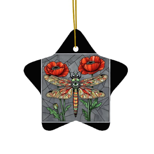Dragonfly stained glass design vibrant poppy eye Ceramic Ornaments