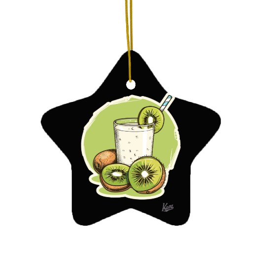 Kiwi fruit and juice with straw illustration Ceramic Ornaments