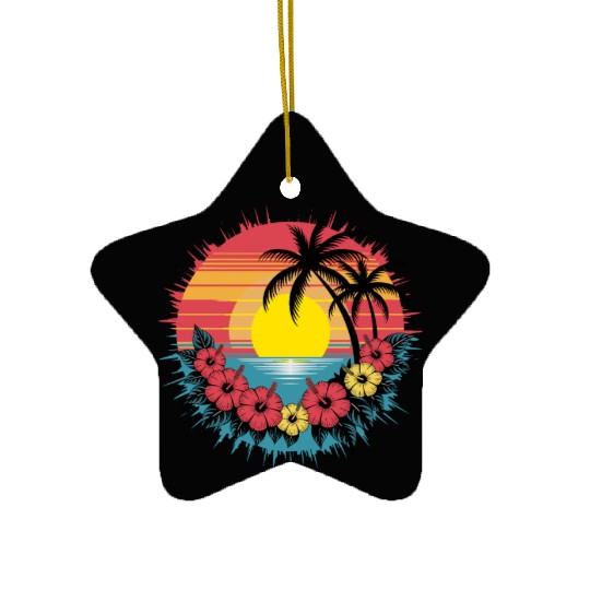 Tropical Sunset Paradise with Hibiscus and Palm Ceramic Ornaments