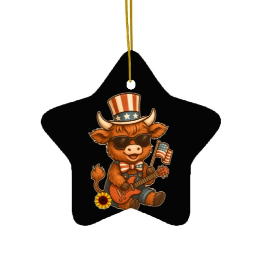 Funny Highland Cow Patriotic Outfit Playing Guitar Ceramic Ornaments