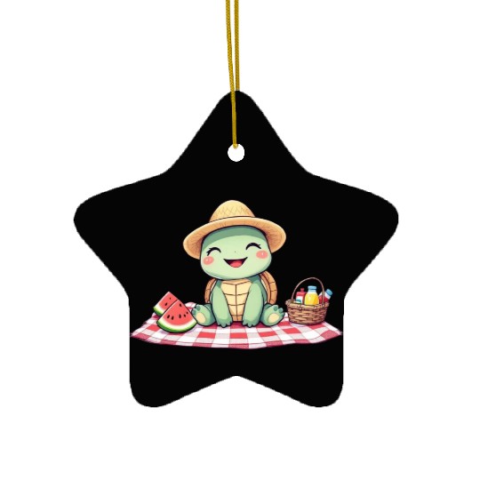 Whimsical Picnic Turtle Illustration Ceramic Ornaments