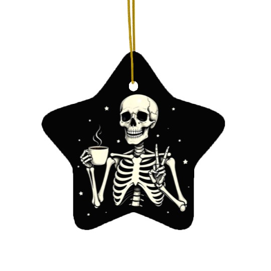 Skeleton Peace Sign Drinking Coffee Fun Halloween Ceramic Ornaments