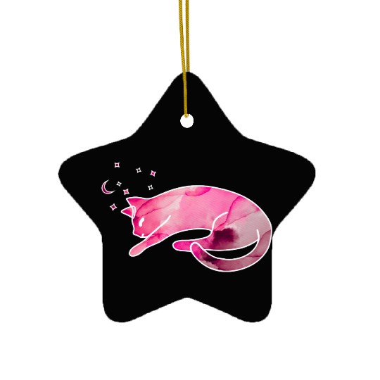 Watercolor Sleeping Cat with Moon Stars Ceramic Ornaments