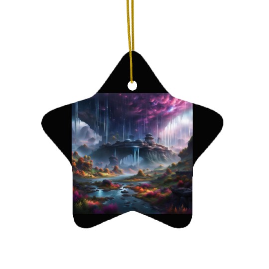 Alien Planet: Fantasy Mountain Cityscape Ceramic Ornaments
