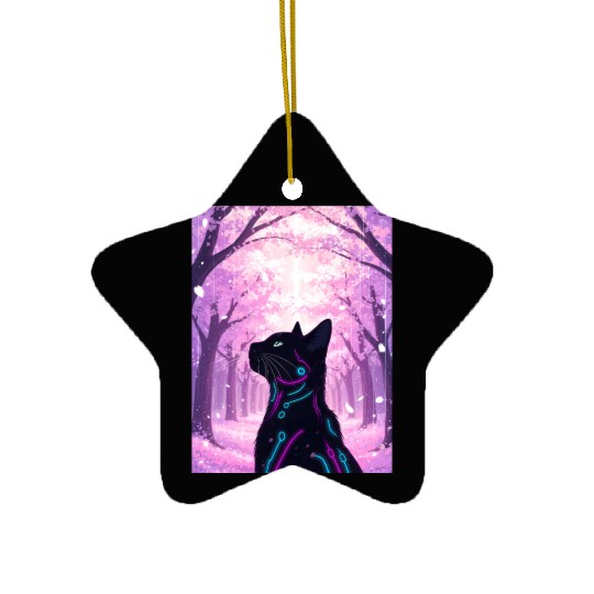 Midnight Cyber Cat | Pink Cherry Blossom Forest Ceramic Ornaments