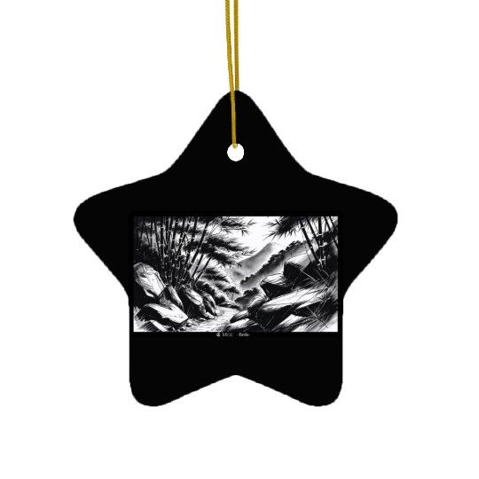 Serene Mountain Forest Ink Illustration Ceramic Ornaments