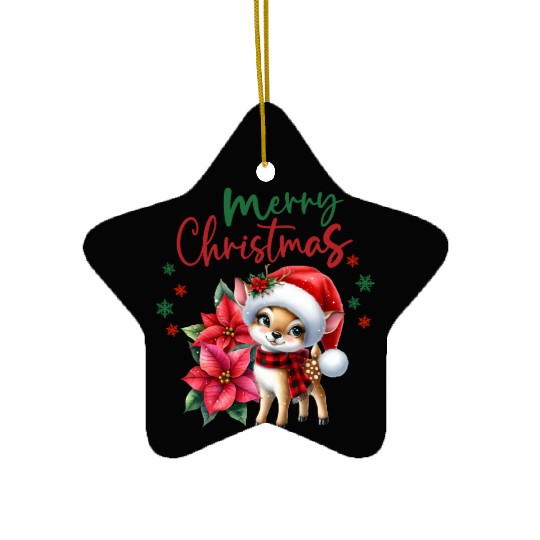 Festive Christmas Puppy with Poinsettia Ceramic Ornaments
