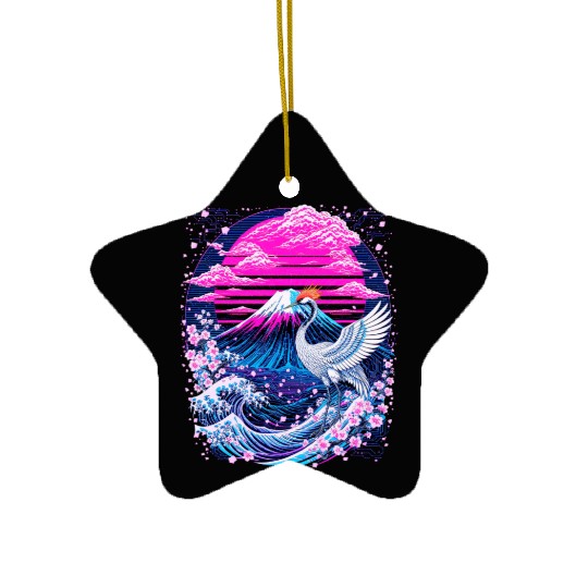 Neon Sakura Crane & Mount Fuji Scene Ceramic Ornaments