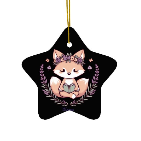 Cute Fox Virgo Reading with Floral Crown Ceramic Ornaments