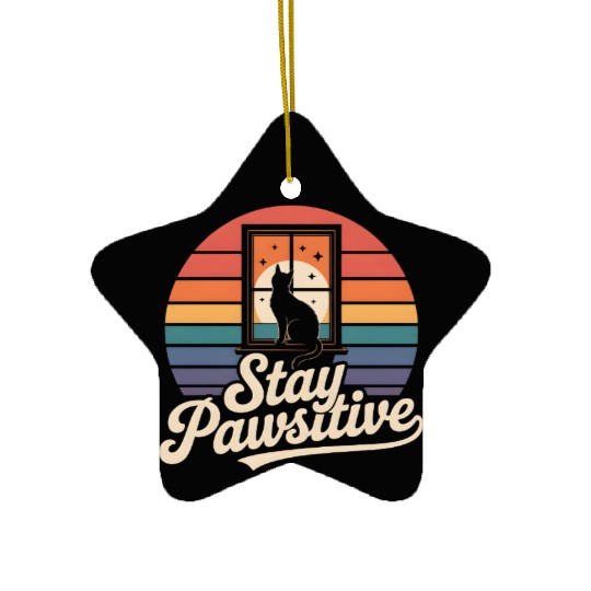 Stay Pawsitive Retro Cat Window Starry Night Ceramic Ornaments