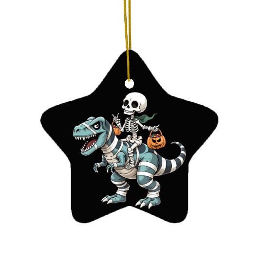 Skeleton Riding Mummy Dinosaur Funny Halloween Ceramic Ornaments