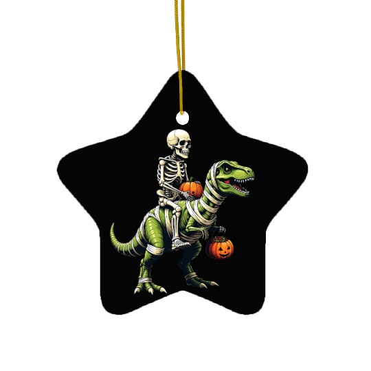 Skeleton Riding Mummy Dinosaur Funny Halloween Ceramic Ornaments