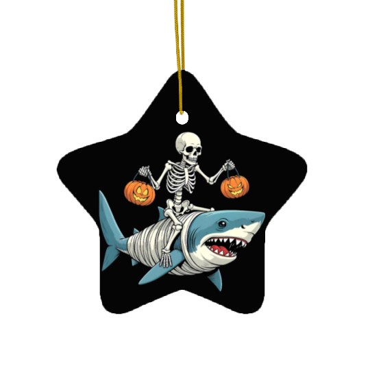 Skeleton Riding Mummy Dinosaur Funny Halloween Ceramic Ornaments