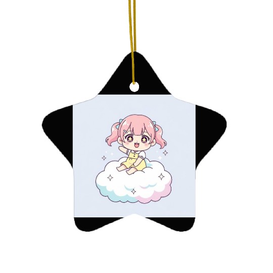 Cute Chibi Girl on Cloud Illustration Ceramic Ornaments