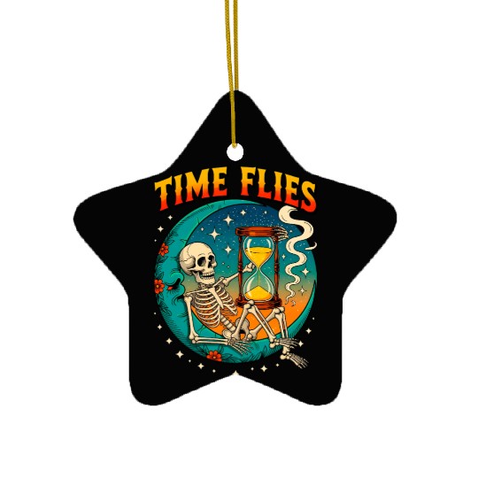 Time Flies Skeleton with Hourglass Ceramic Ornaments