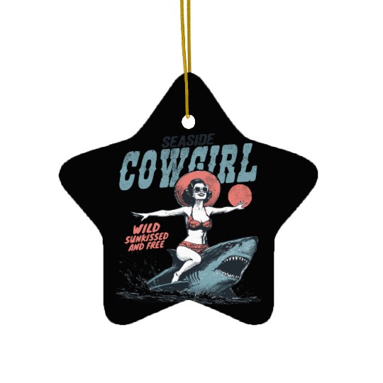 Seaside Cowgirl Shark Adventure retro summer Ceramic Ornaments