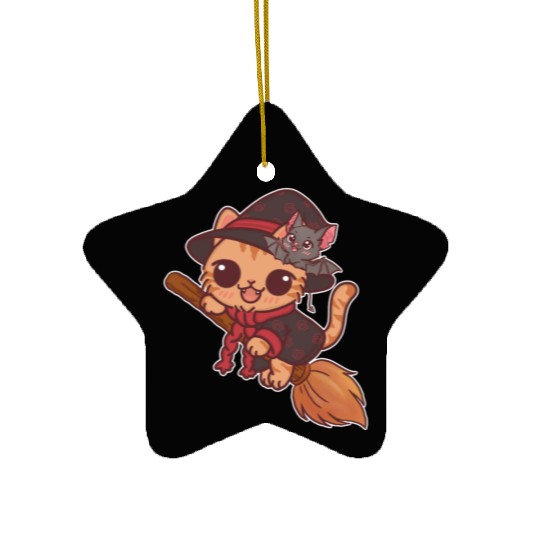 Enchanted Witch Cat with Bat Companion Ceramic Ornaments