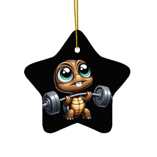 Chibi turtle with barbell weightlifter cartoon Ceramic Ornaments